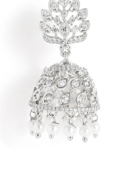 Lotus Top CZ Jhumka with Pearls - Silver
