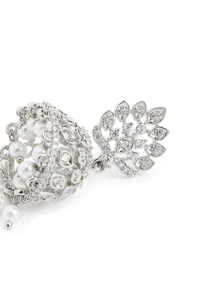 Lotus Top CZ Jhumka with Pearls - Silver