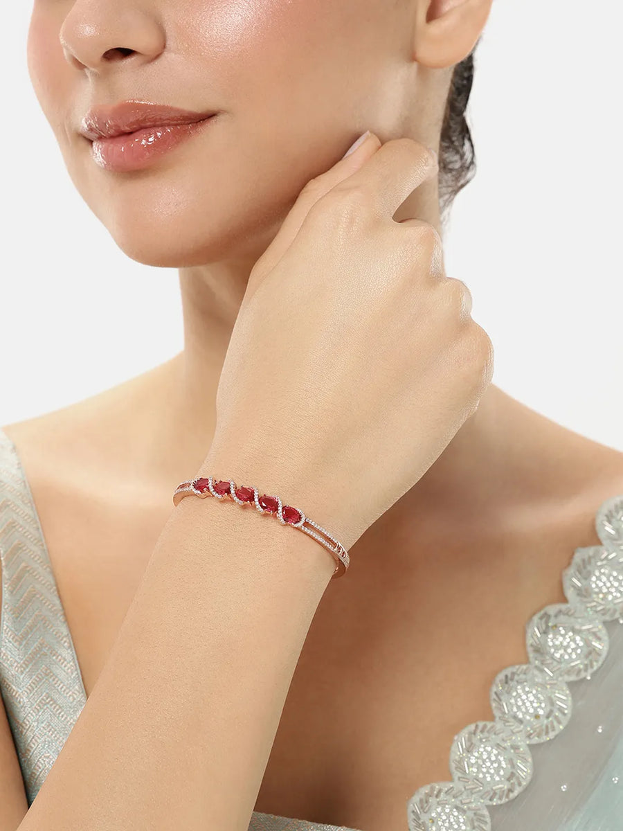 Crystal CZ Kada for Statement Look - Rose Gold - Red