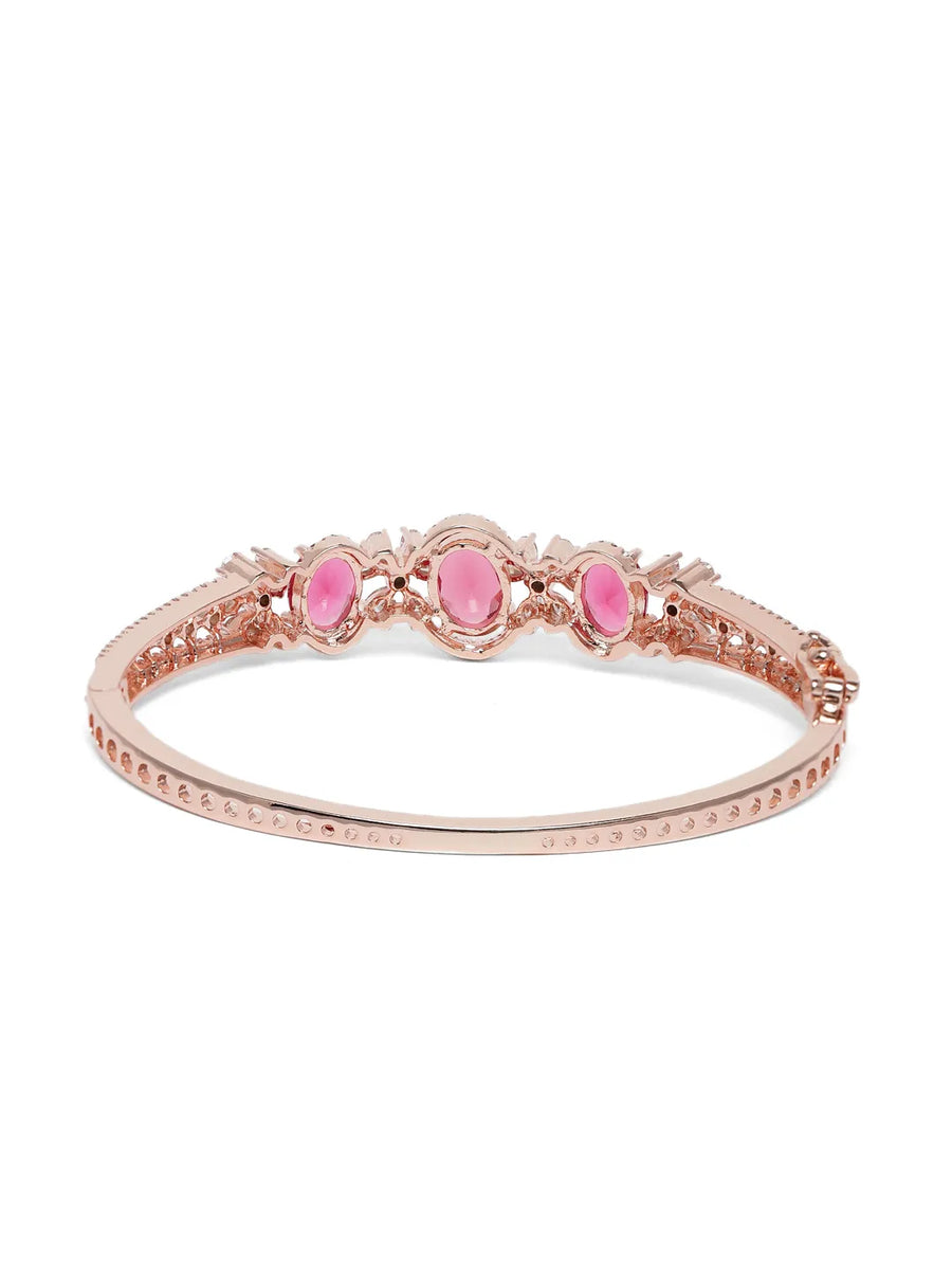 Triple Ruby Halo CZ Stone Kada Bracelet - Rose Gold - Red
