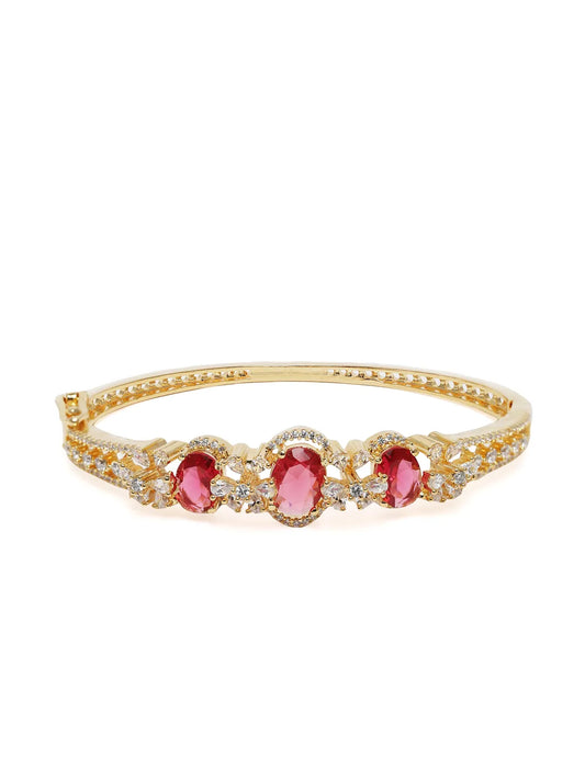 Triple Ruby Halo CZ Stone Kada Bracelet - Gold - Red