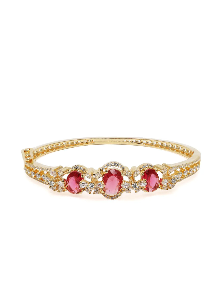 Triple Ruby Halo CZ Stone Kada Bracelet - Gold - Red