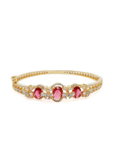 Triple Ruby Halo CZ Stone Kada Bracelet - Gold - Red
