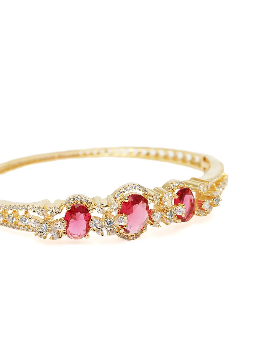 Triple Ruby Halo CZ Stone Kada Bracelet - Gold - Red