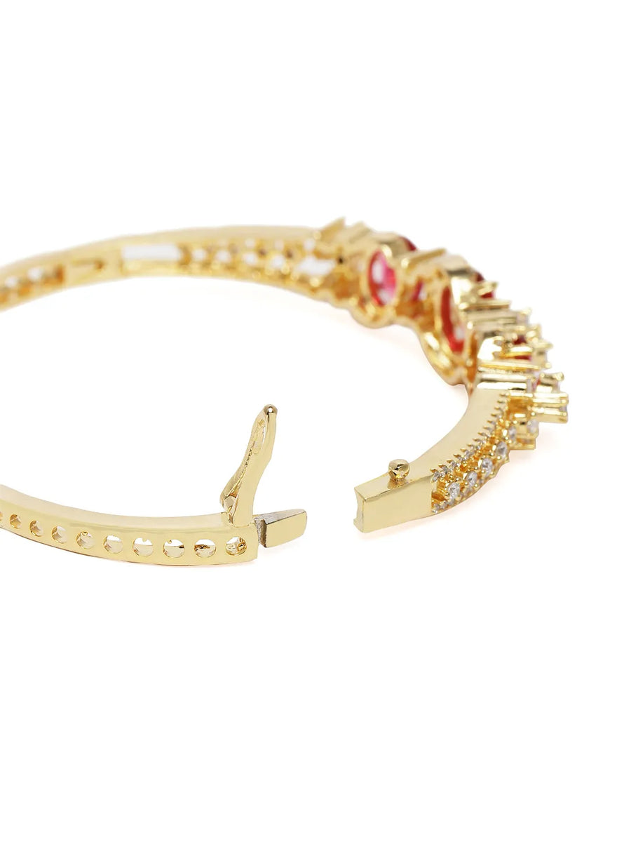 Triple Ruby Halo CZ Stone Kada Bracelet - Gold - Red
