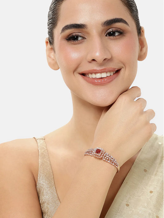 Intricate Crystal Kada with Ruby Accent - Rose Gold - Red