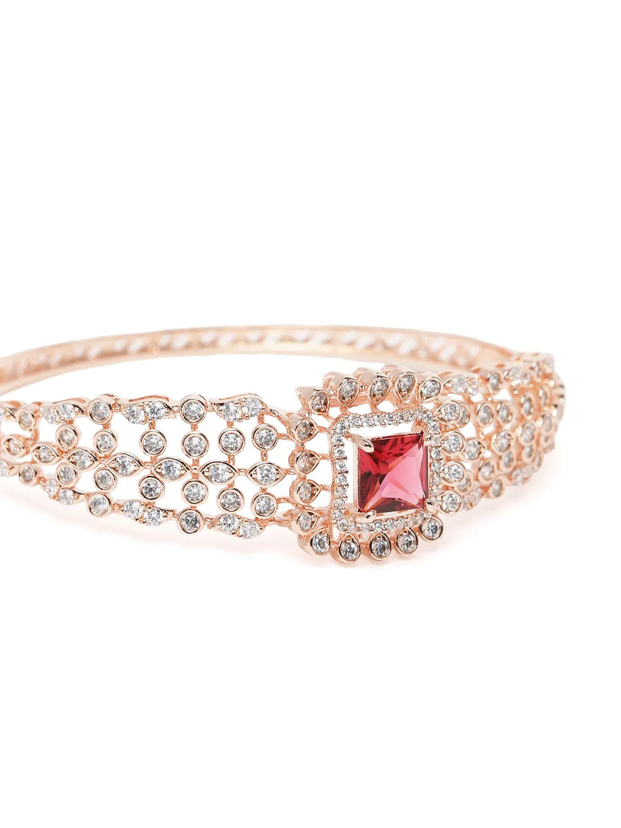 Intricate Crystal Kada with Ruby Accent - Rose Gold - Red