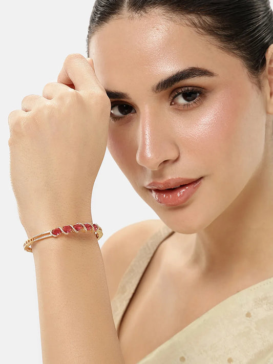 Intricate Crystal Kada with Ruby Accent - Gold - Red