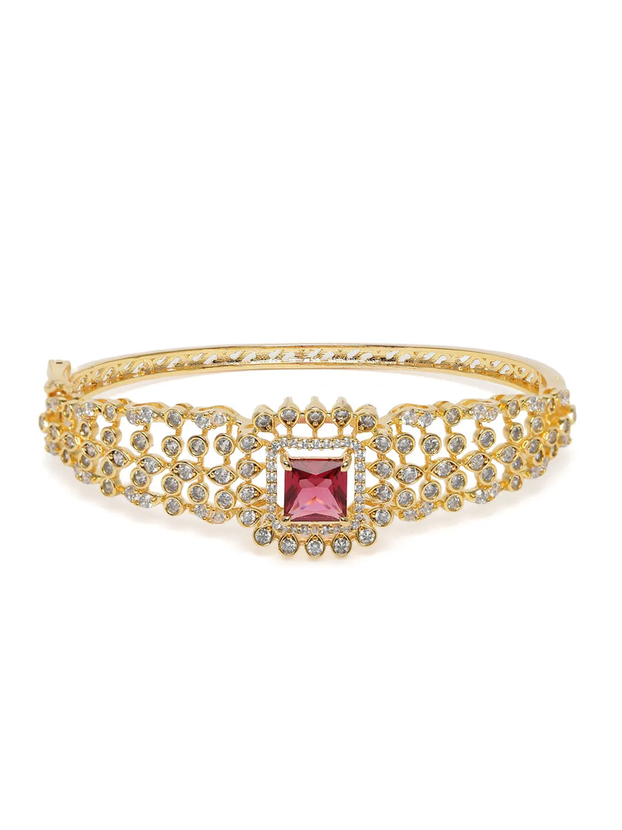 Intricate Crystal Kada with Ruby Accent - Gold - Red