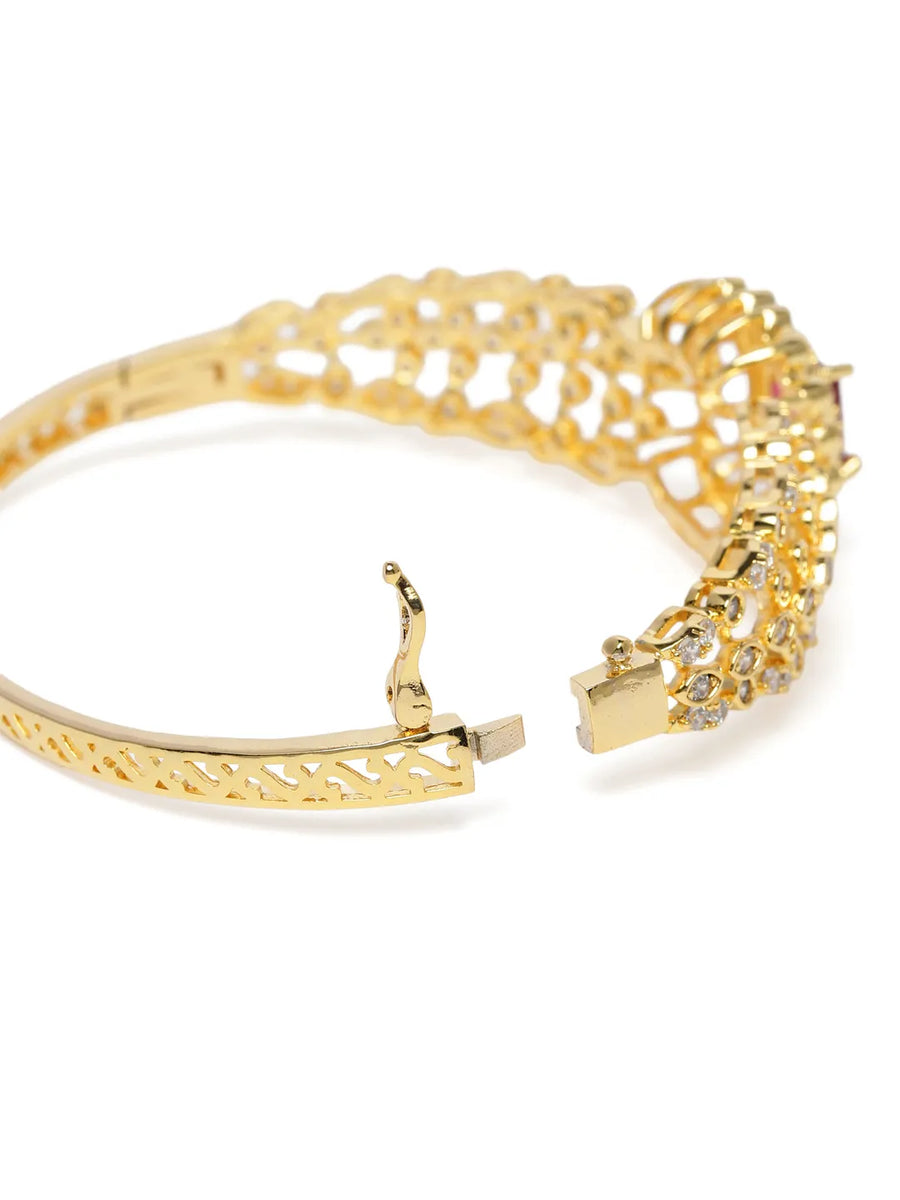 Intricate Crystal Kada with Ruby Accent - Gold - Red