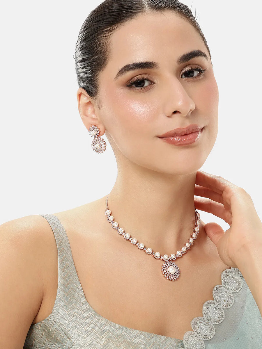 Floral Halo CZ Pearl Necklace Set