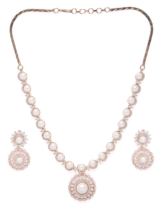 Floral Halo CZ Pearl Necklace Set