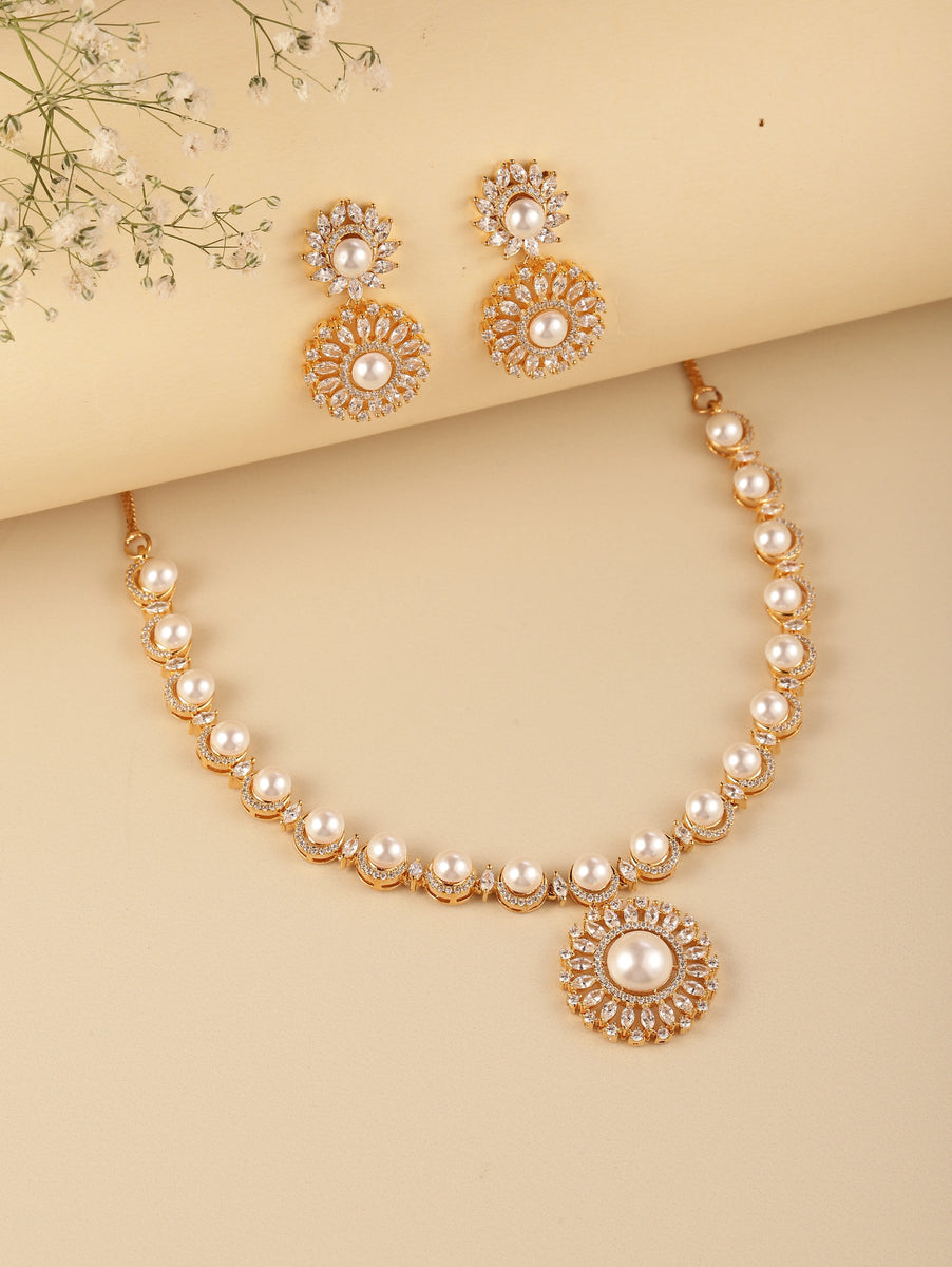 Pearl Accented CZ Necklace Set