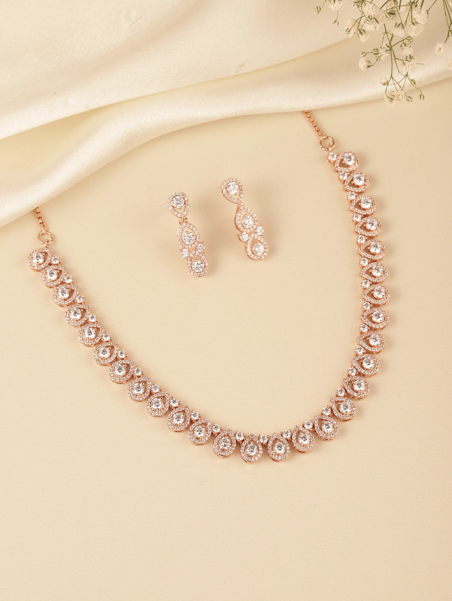 Teardrop Shaped CZ Necklace Earring Set - Rose Gold
