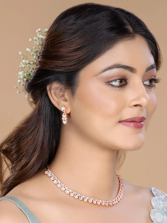 Teardrop Shaped CZ Necklace Earring Set - Rose Gold