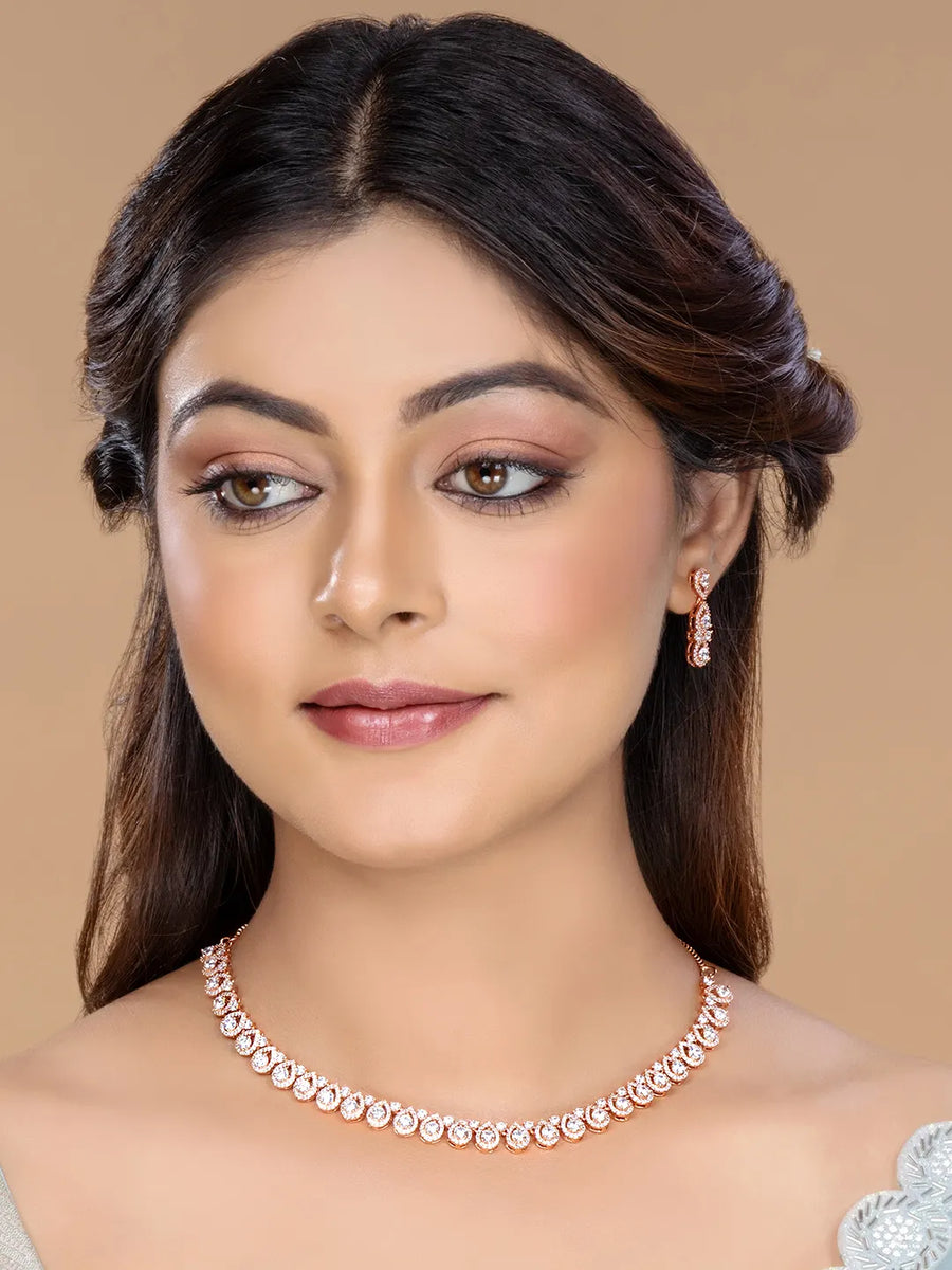 Teardrop Shaped CZ Necklace Earring Set - Rose Gold