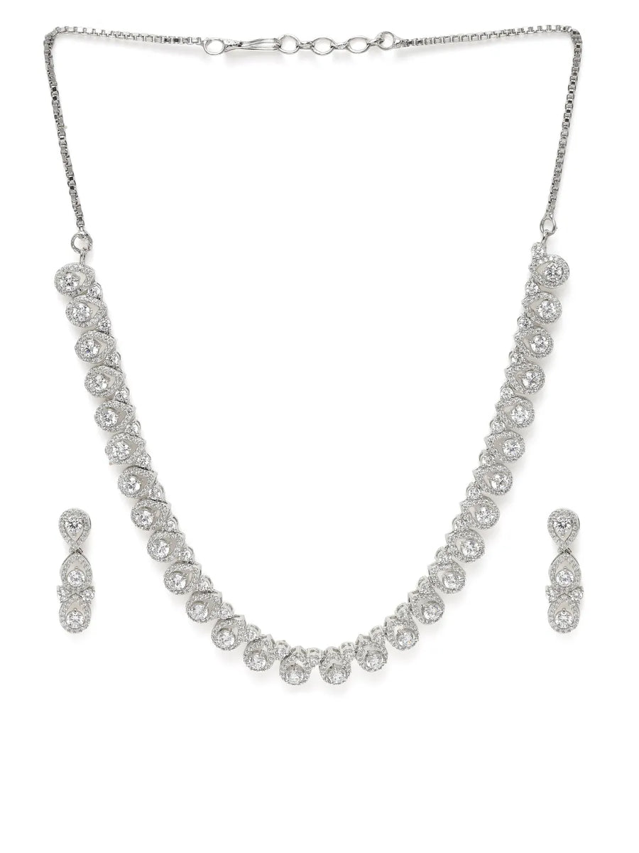 Teardrop Shaped CZ Necklace Earring Set - Silver