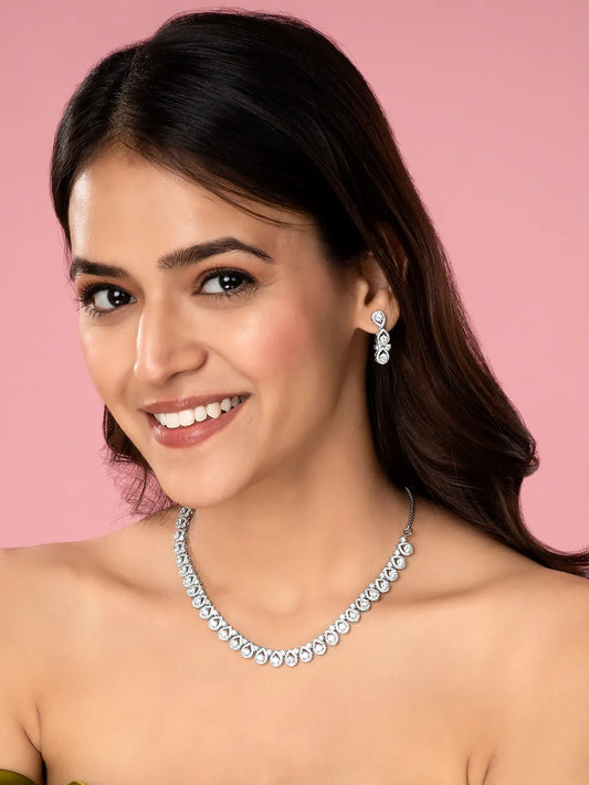Teardrop Shaped CZ Necklace Earring Set - Silver