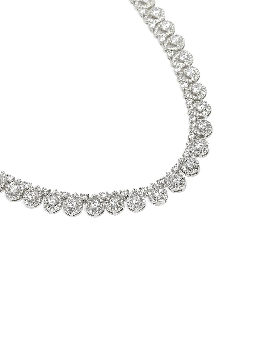 Teardrop Shaped CZ Necklace Earring Set - Silver