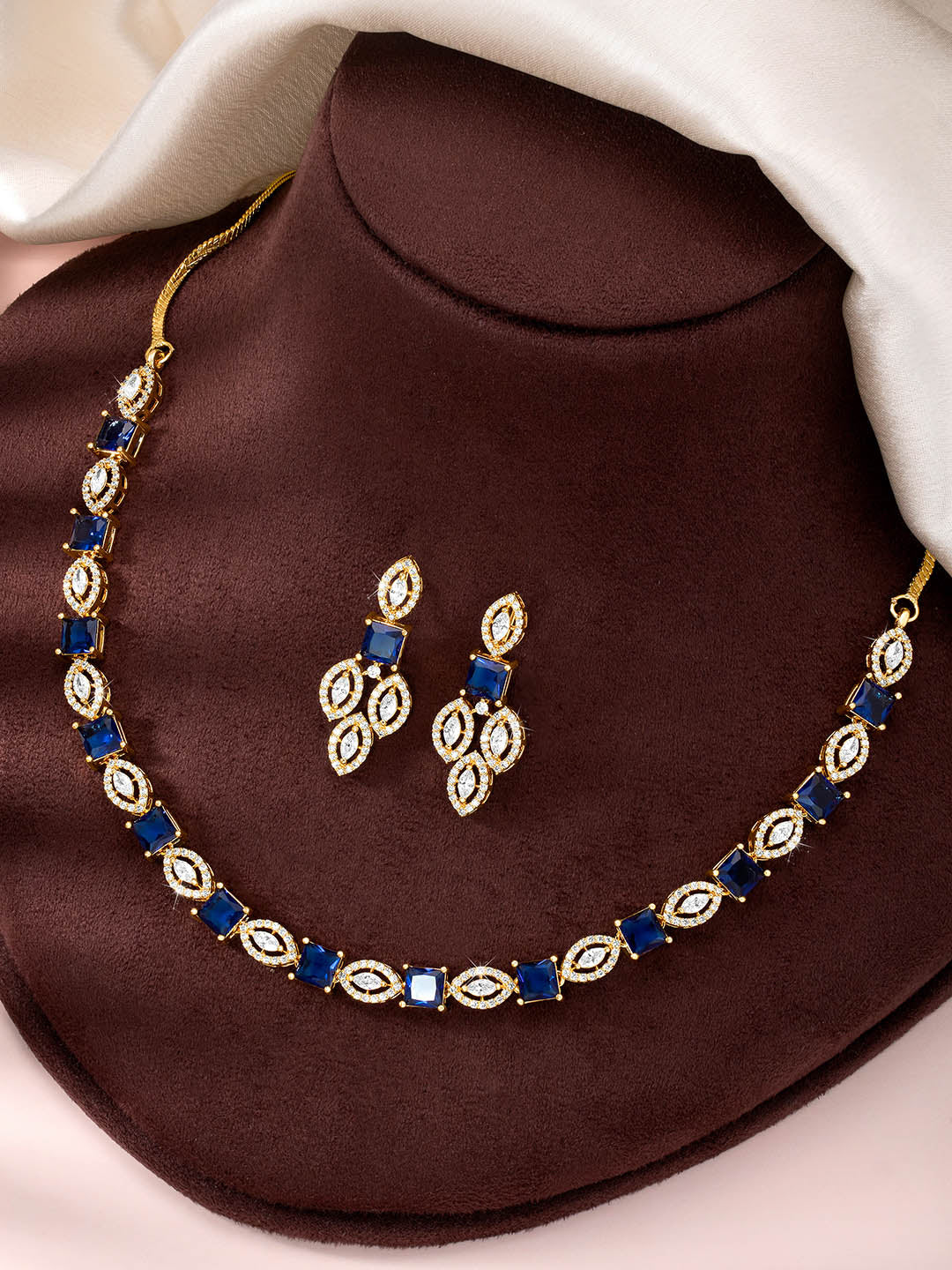 Royal Blue & White CZ Gold Necklace Set