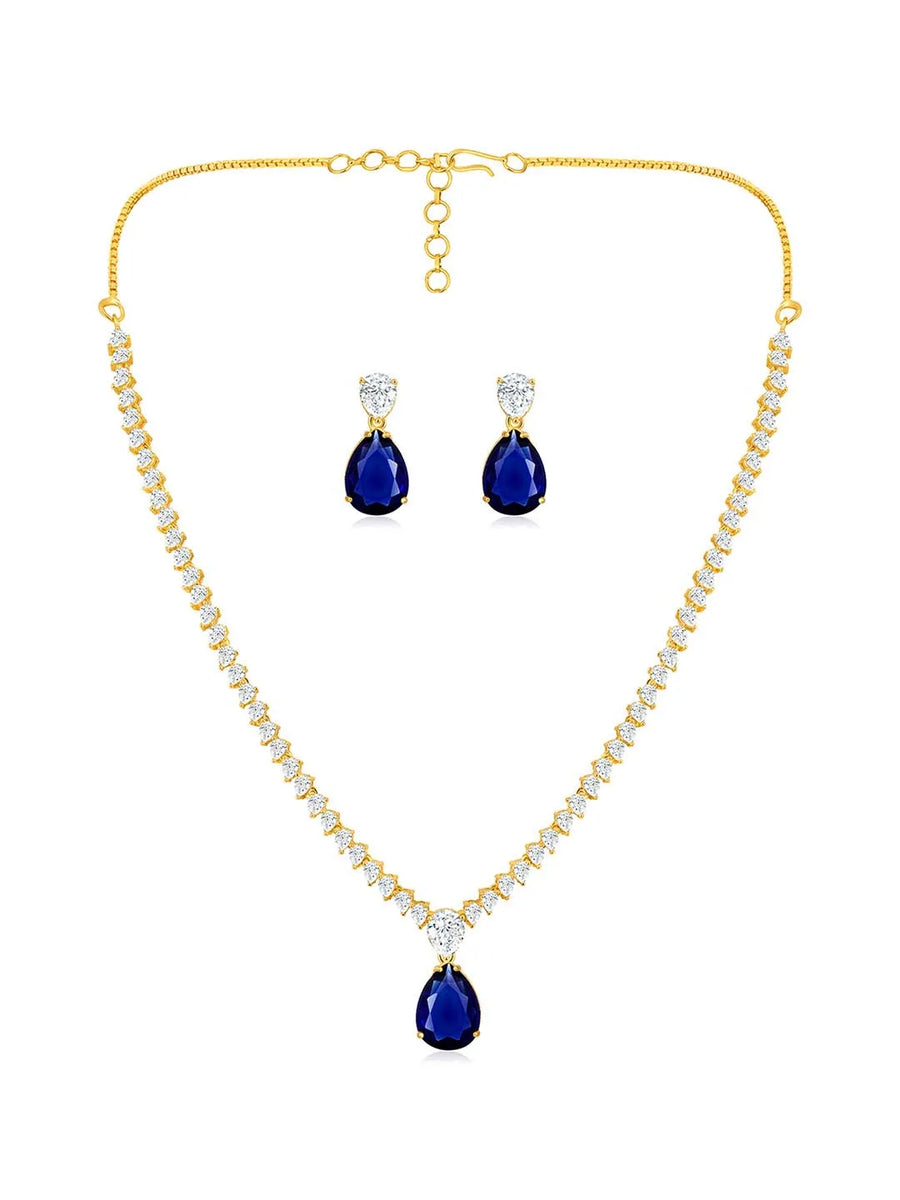 Stunning CZ Crystal Necklace Set. Gold plating, pair of earrings, with blue & white stones.