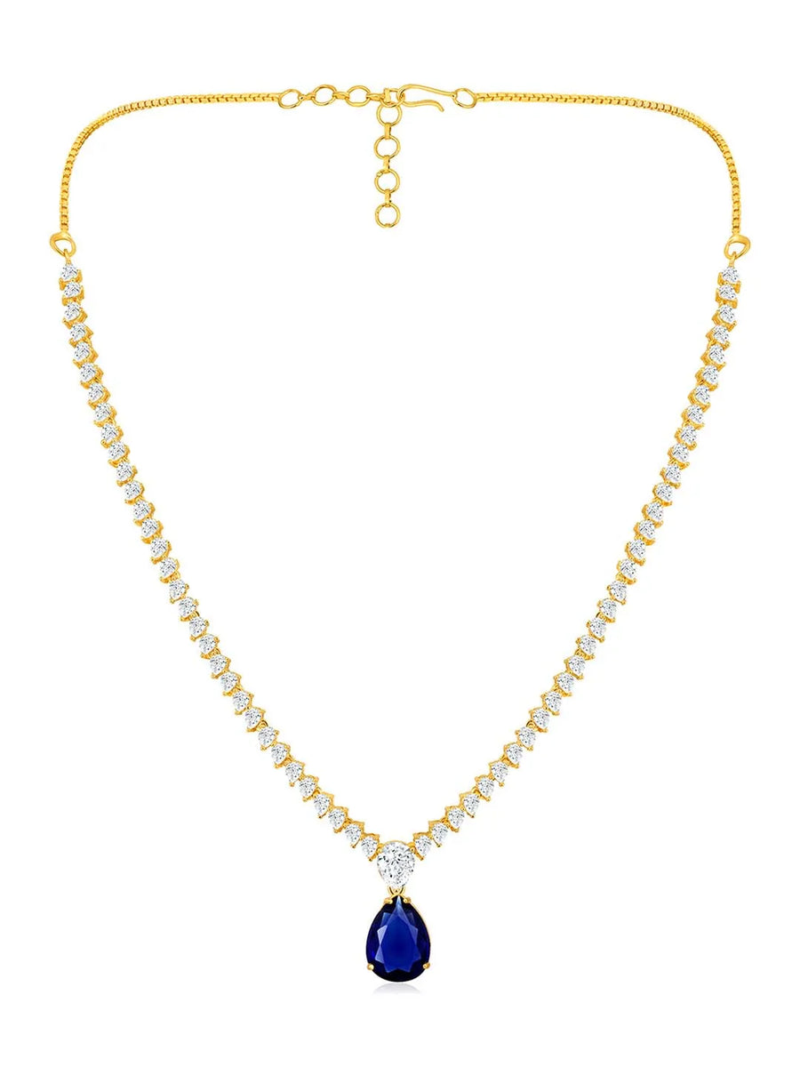 Stunning CZ Crystal Necklace Set. Gold plating, pair of earrings, with blue & white stones.