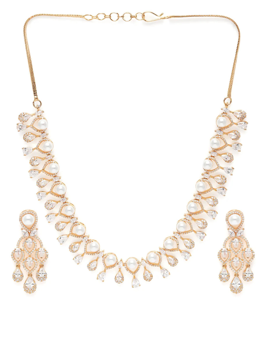 CZ & Pearl Studded Necklace Set - Gold