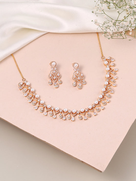 CZ & Pearl Studded Necklace Set - Gold