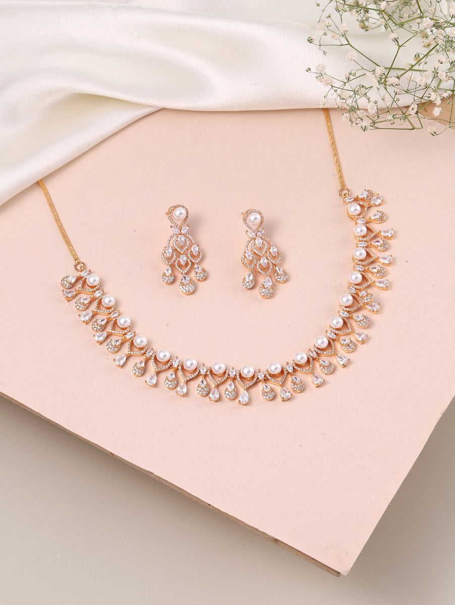 CZ & Pearl Studded Necklace Set - Gold