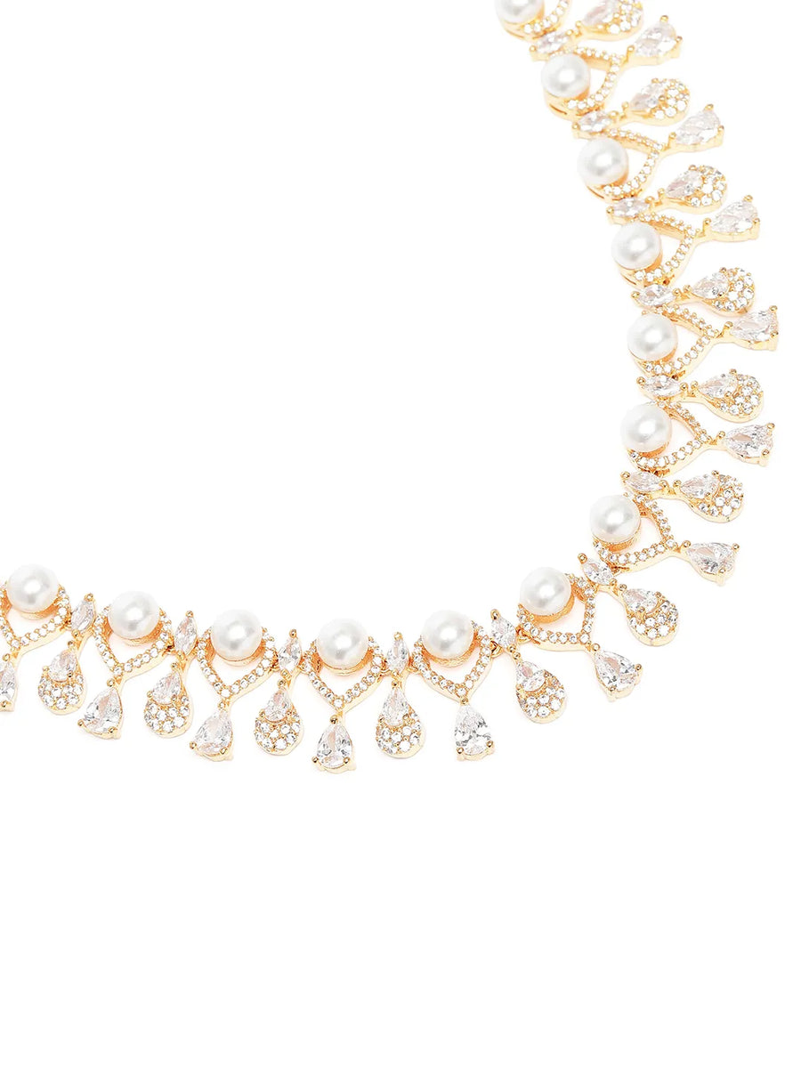 CZ & Pearl Studded Necklace Set - Gold