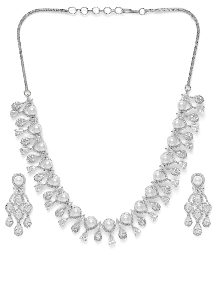 CZ & Pearl Studded Necklace Set - Silver
