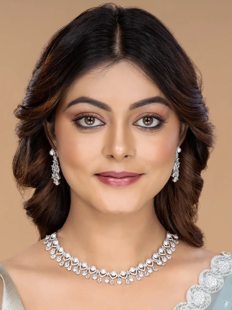 CZ & Pearl Studded Necklace Set - Silver