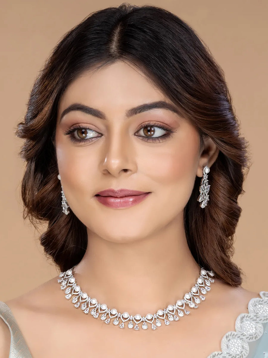 CZ & Pearl Studded Necklace Set - Silver