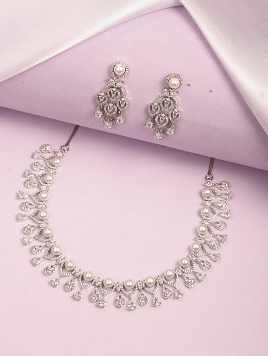 CZ & Pearl Studded Necklace Set - Silver