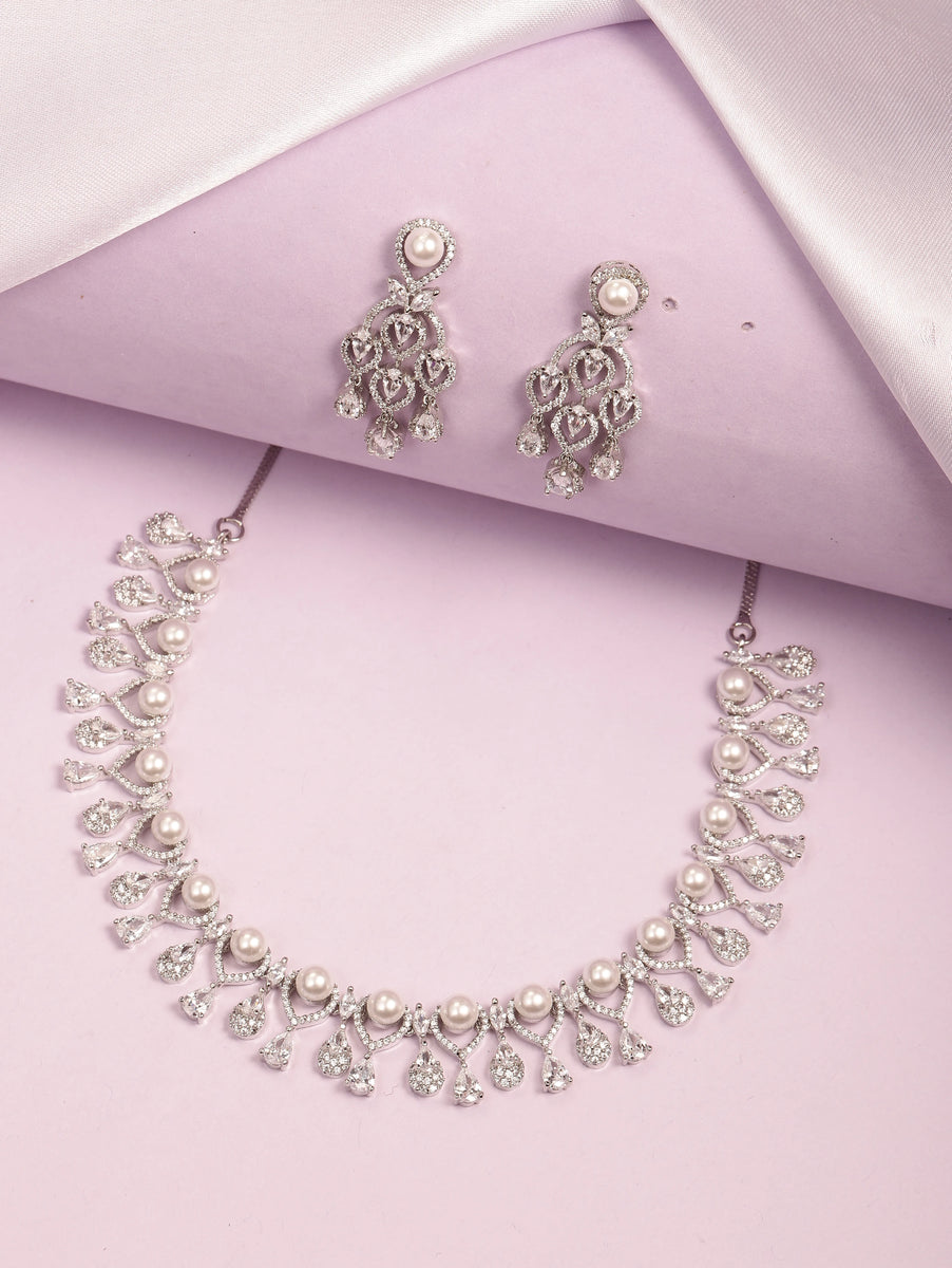 CZ & Pearl Studded Necklace Set - Silver