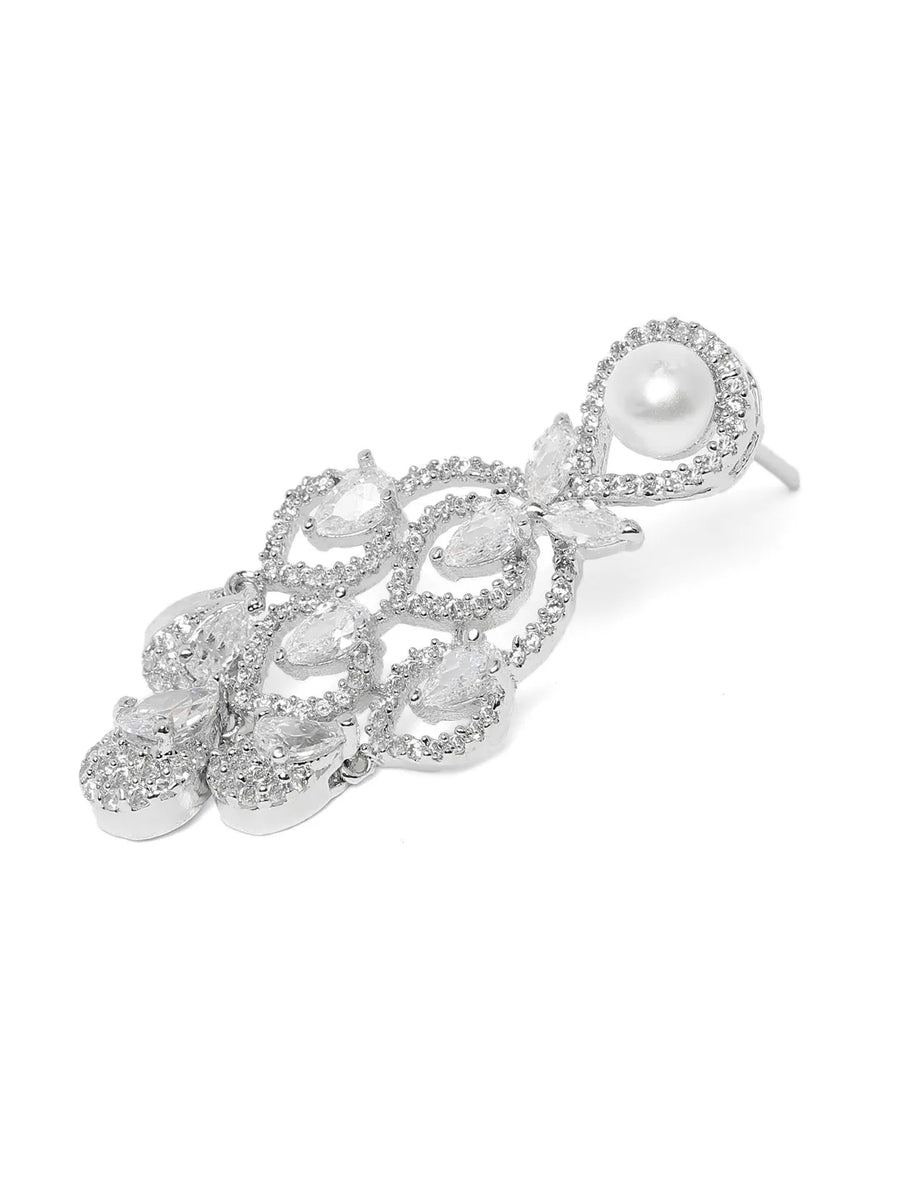CZ & Pearl Studded Necklace Set - Silver