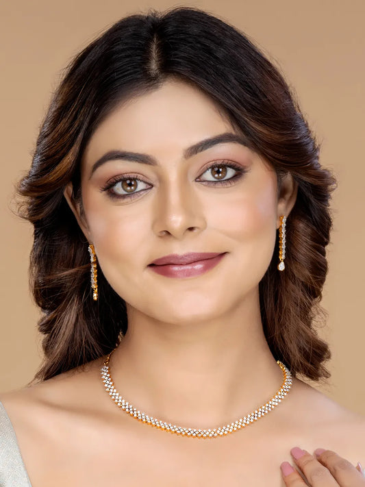 Chic Shine CZ Studded Necklace Set. A gold-plated necklace set with earrings & cubic zirconia stones. 