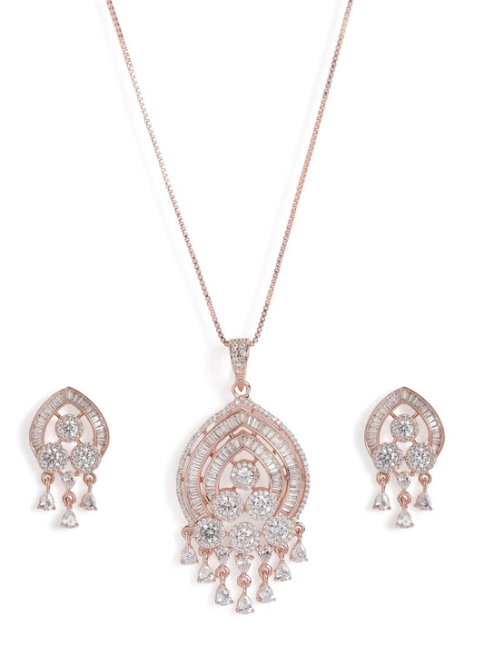 Graceful CZ Dangle Pendant & Earrings - Rose Gold