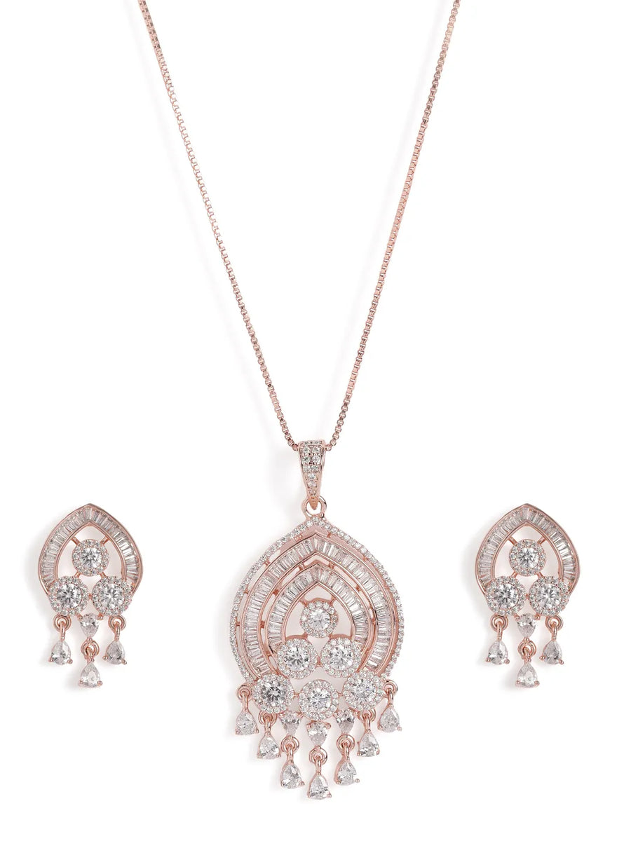 Graceful CZ Dangle Pendant & Earrings - Rose Gold