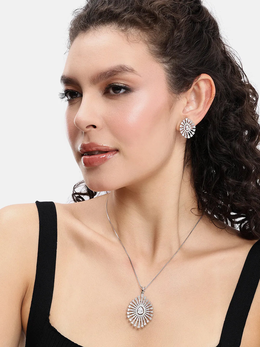 Dazzling CZ Sunburst Jewelry Set - Silver
