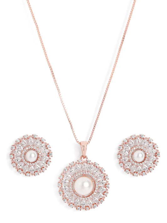 Elegant Faux Pearl and CZ Floral Duo - Rose Gold