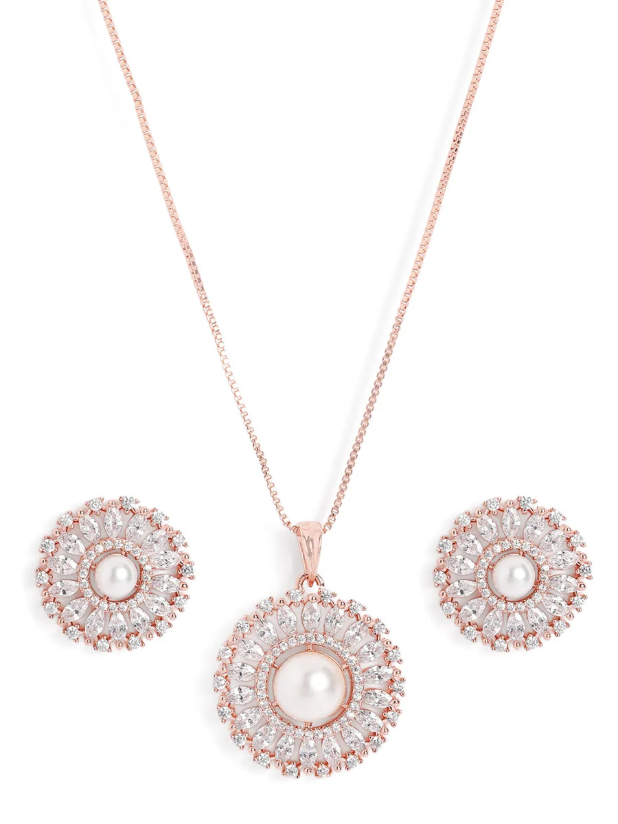 Elegant Faux Pearl and CZ Floral Duo - Rose Gold