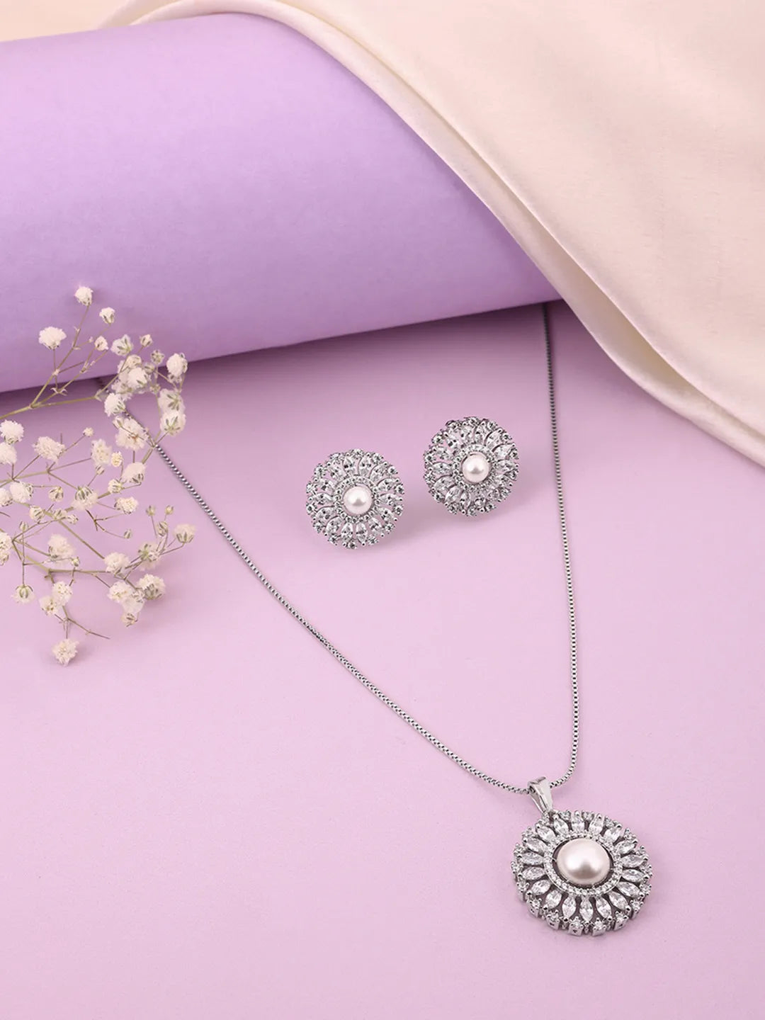 Elegant Faux Pearl and CZ Floral Duo