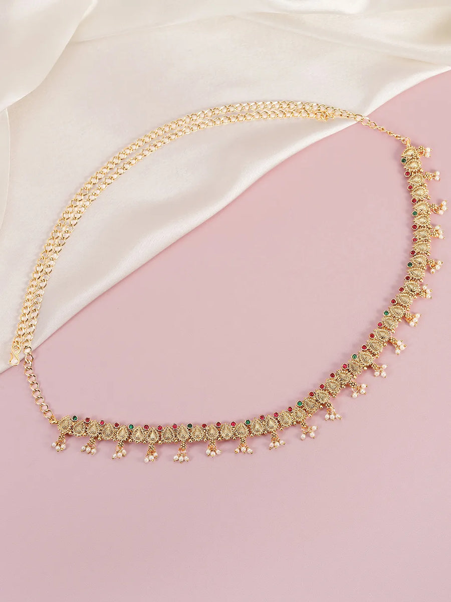 Ornate Belly Chain with Pearl Drops - Gold