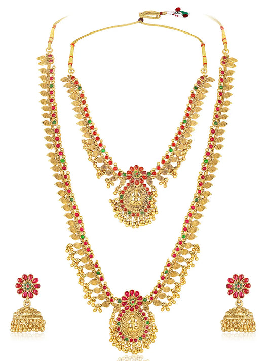 Temple Inspired Floral Motif Necklace Set - Gold