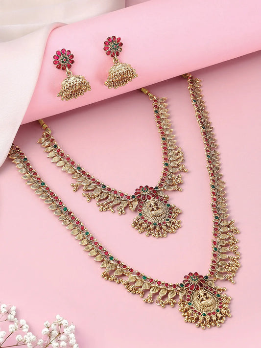 Temple Inspired Floral Motif Necklace Set - Gold