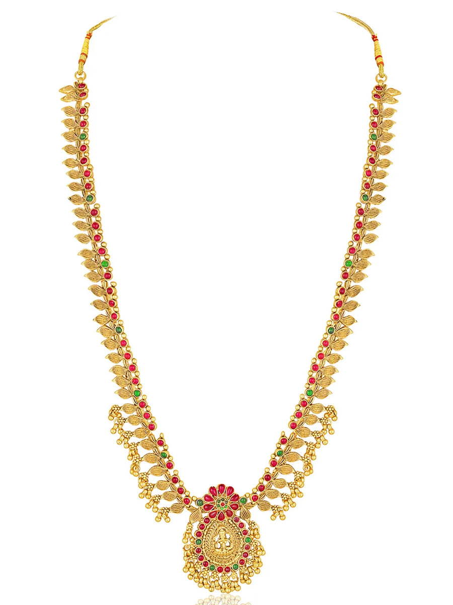 Temple Inspired Floral Motif Necklace Set - Gold