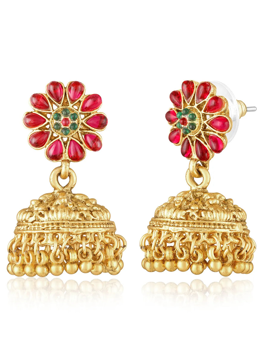 Temple Inspired Floral Motif Necklace Set - Gold