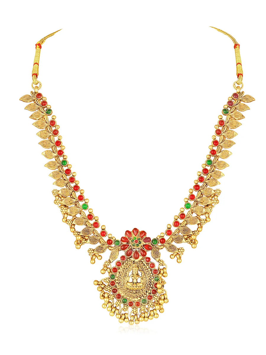 Temple Inspired Floral Motif Necklace Set - Gold
