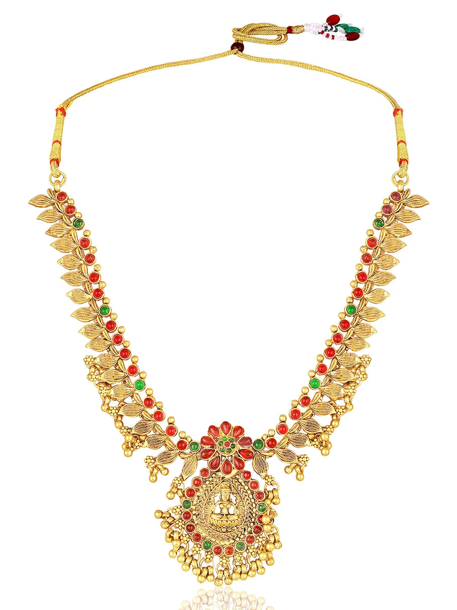 Temple Inspired Floral Motif Necklace Set - Gold